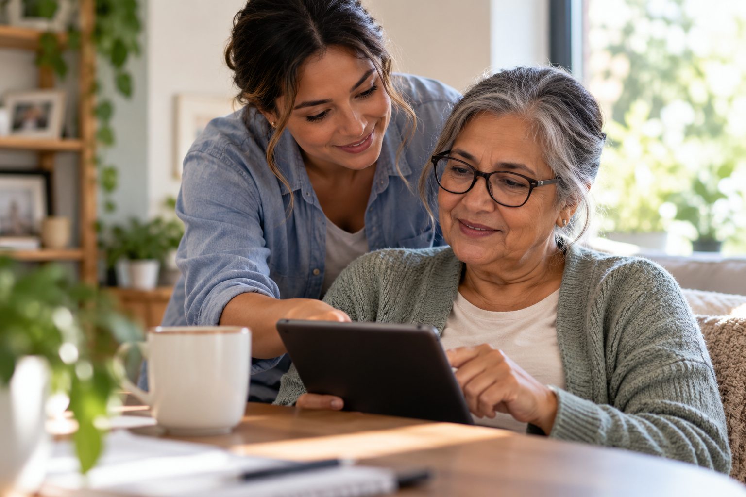 Caregiver helping a participant complete a study task on a tablet at home